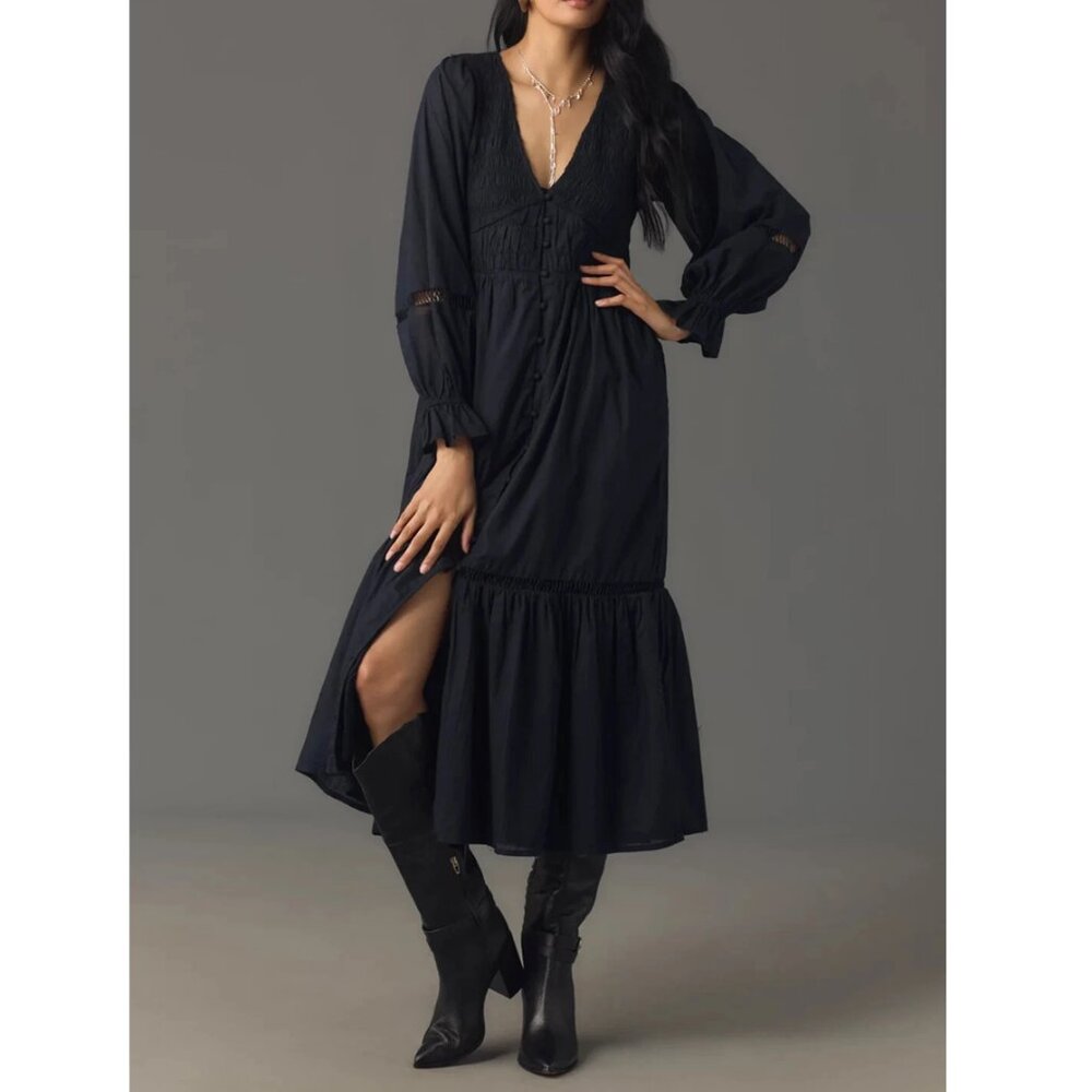 NWOT Anthropologie The Peregrine Long Sleeve Midi Dress Black M